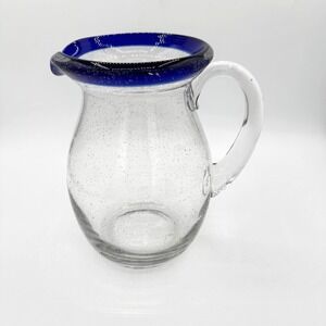 Vtg Mexican Hand Blown Glass Pitcher Cobalt Blue Rim Controlled Bubble Margarita